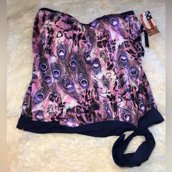 Women's Purple and Black Peacock Feather detail Swim Top size 10 NWT - Picture 4 of 11